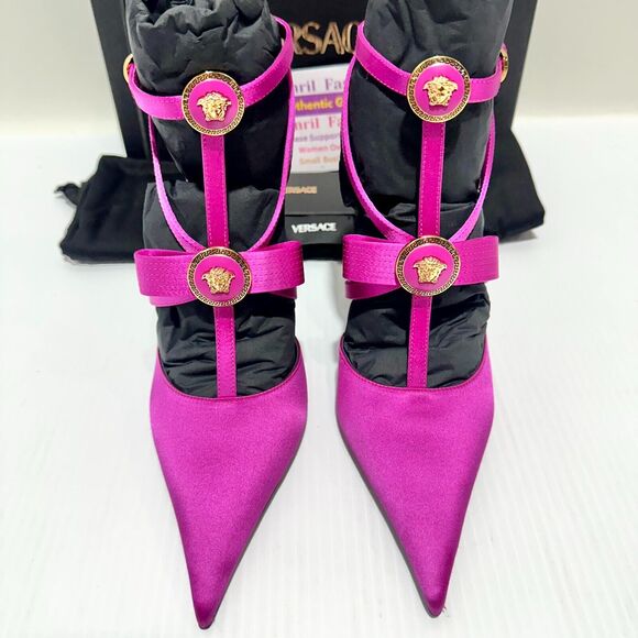 NIB Versace Gianni Ribbon 38.5 US 8.5 Pumps Fuchsia Cage Satin Ankle Strap $1325 - Picture 9 of 16